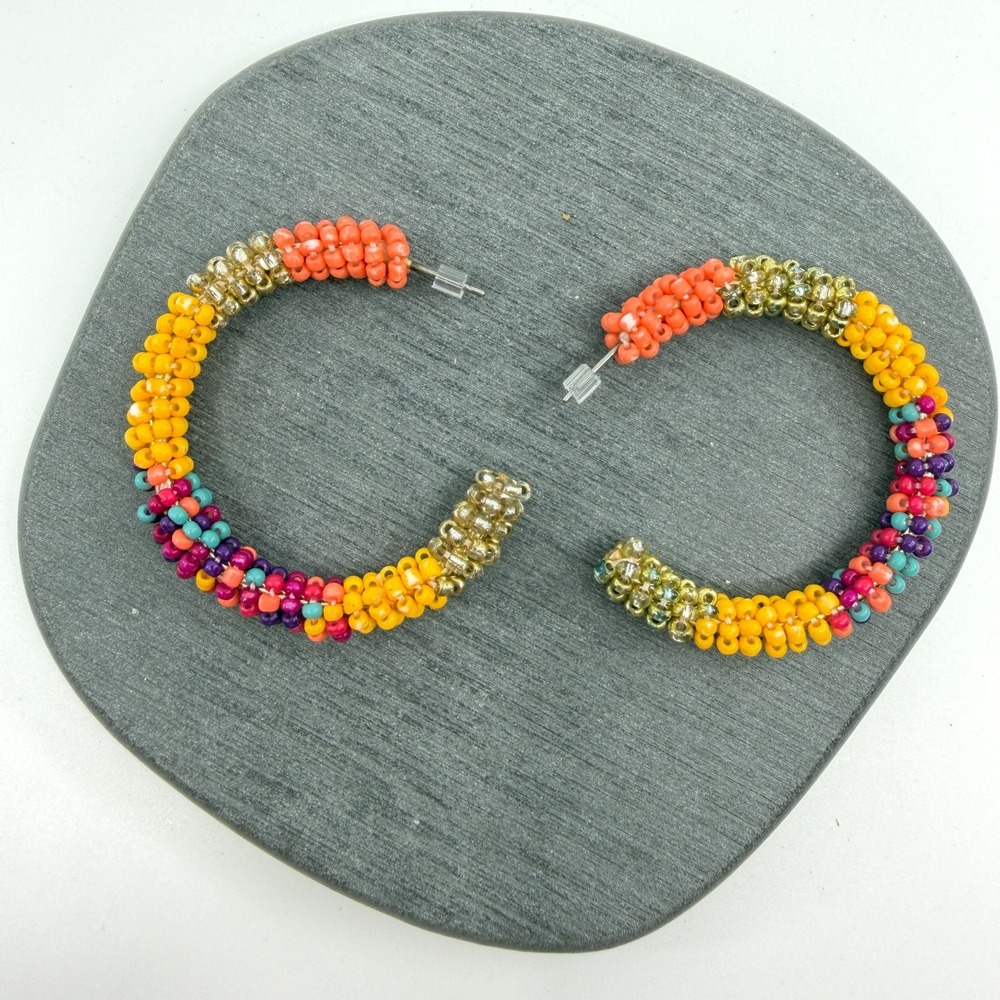 Multicolor Seed Bead Hoop Earrings Gold Tone Boho Festival Statement Pierced